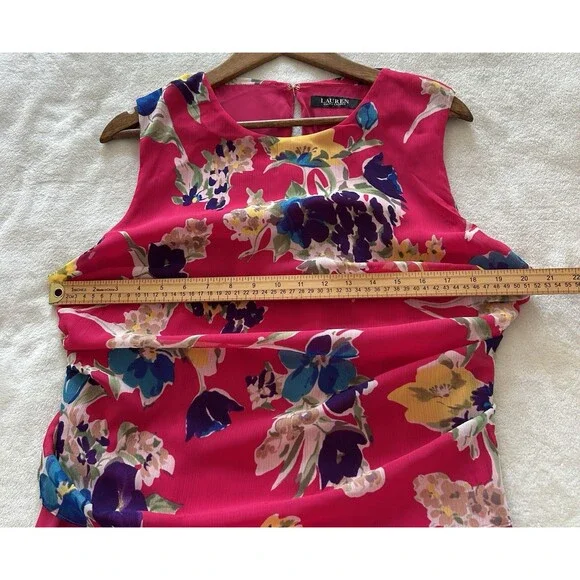 Ralph Lauren Womens 16 Pink Floral Dress Flowy Ruffle Hem Sleeveless Gerogette - Picture 8 of 14
